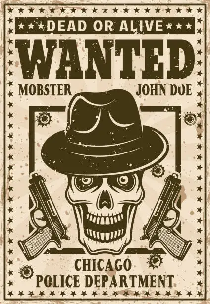 Vector illustration of Mafia wanted poster in vintage style with mobster skull in hat and two guns vector illustration. Layered, separate grunge texture and text