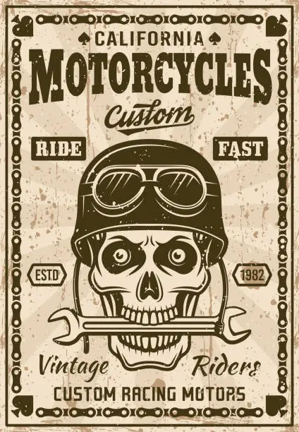 Vector illustration of Motorcycles vintage poster, skull in helmet with wrench in mouth vector illustration. Layered, separate grunge textures and text