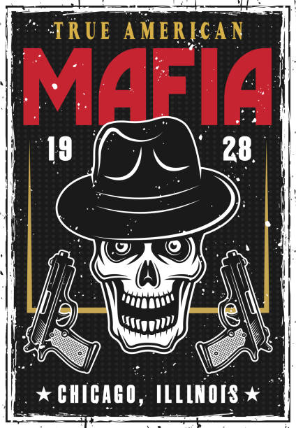 Mafia And Gangsters Poster With Bandit Skull In Hat And Two Guns