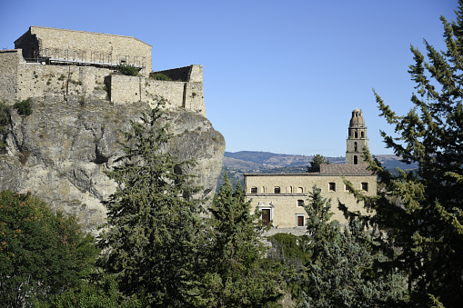 Laurenzana, Italy, 09/05/2020. View of the buildings of the church of Saint Mary of the Assumption, in the Basilicata region.