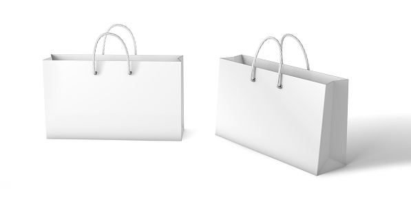 Paper bag template. Low white package mockup isolated on white background. 3d render