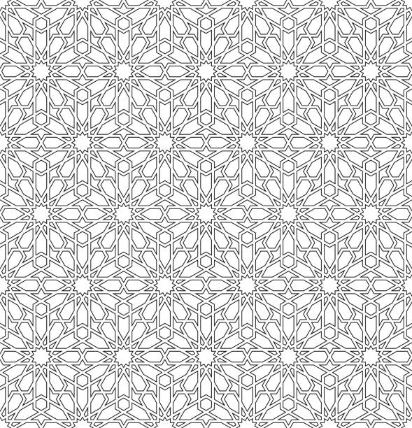 Seamless arabic geometric ornament in black and white.Vector illustration. Seamless geometric ornament based on traditional arabic art.Black and white lines.Great design for textile,cover,wrapping paper,background,laser cutting.Contoured lines.Vector illustration. tillable stock illustrations