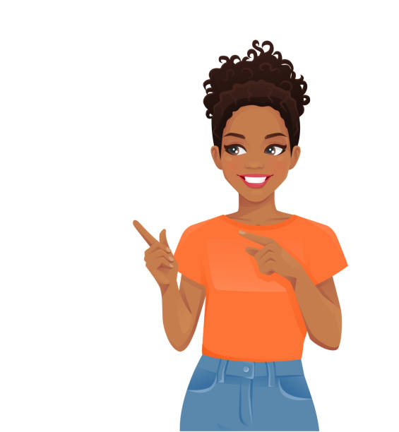 Young african woman pointing away vector art illustration