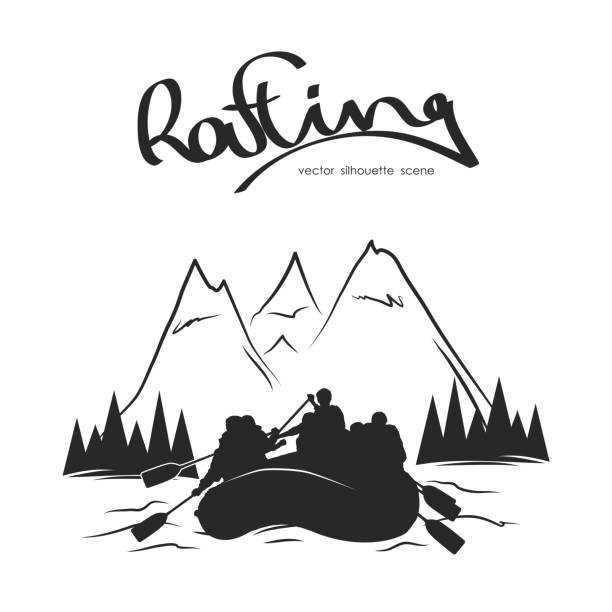 山の背景にラフティングチームと川のシルエット - rafting on a mountain river点のイラスト素材／クリップアート素材／マンガ素材／アイコン素材