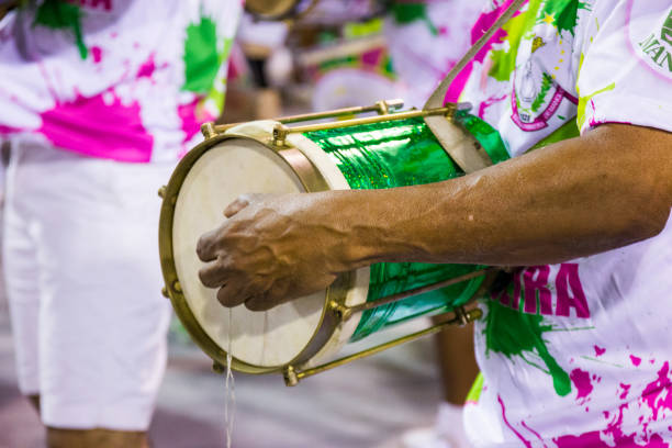 브라질 리우데자네이루의 삼바 만구이라 학교에서 탬버린을 곁들인 타악기 연주자 - samba school parade 뉴스 사진 이미지
