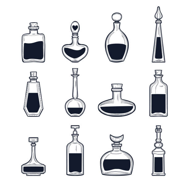 handgezeichnete trankflaschen set - potion stock-grafiken, -clipart, -cartoons und -symbole