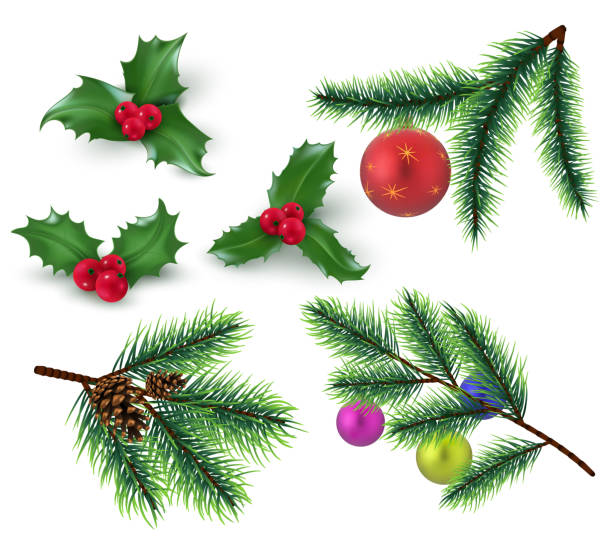 Patrón Sin Costuras Con Flores De Navidad Pelotas Y Fir Evergreen Twigs  Vectores Libres de Derechos - iStock