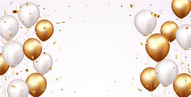 Celebration Banner With Gold Confetti And Balloons Stock Illustration -  Download Image Now - Balloon, Gold - Metal, Gold Colored - iStock