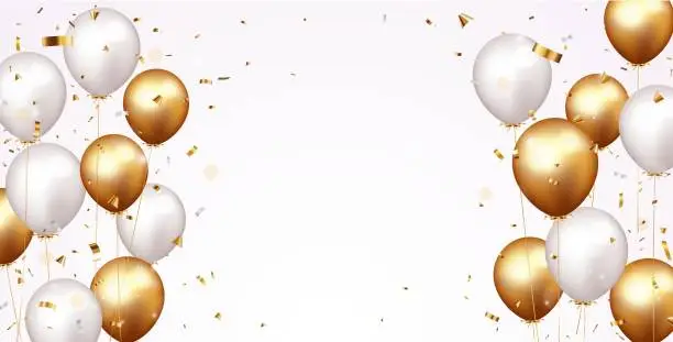 Vector illustration of Celebration banner with gold confetti and balloons