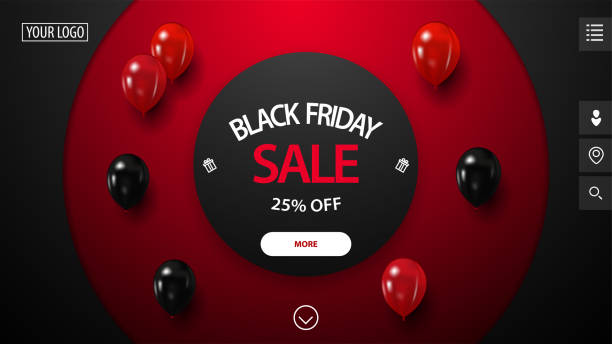 Black Friday Sale, up to 25% off, red and black discount banner with large decorative circles on background, red and black balloons and button. Discount banner for website Black Friday Sale, up to 25% off, red and black discount banner with large decorative circles on background, red and black balloons and button. Discount banner for website black friday shopping event illustrations stock illustrations
