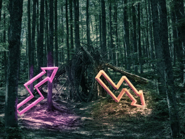 two 3d symbols representing charts and graphs, possibly related to financial markets, appear magically in  a forest at dusk, together with tree branches put together in a weird fashion