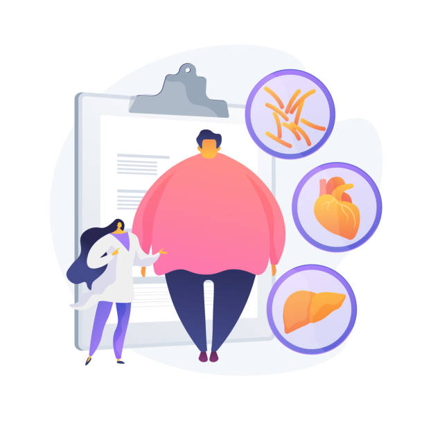 Obesity problem vector concept metaphor Obesity problem. Overweight man medical consultation and diagnostics. Negative impact of obesity on humans health and internal organs. Vector isolated concept metaphor illustration giant fictional character illustrations stock illustrations