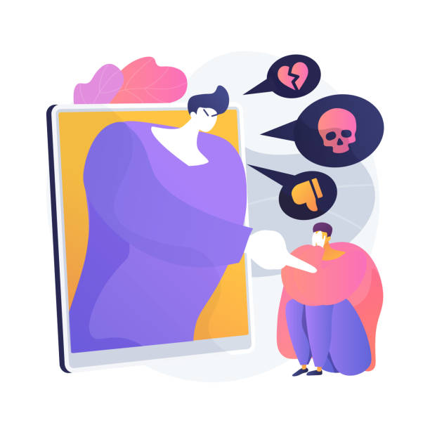 Cyberbullying vector concept metaphor Hater cartoon character writing bad comments on social media. Cyberbullying, cyberhate, cyberharrasment. Internet trolling, hate speech. Vector isolated concept metaphor illustration humiliate stock illustrations