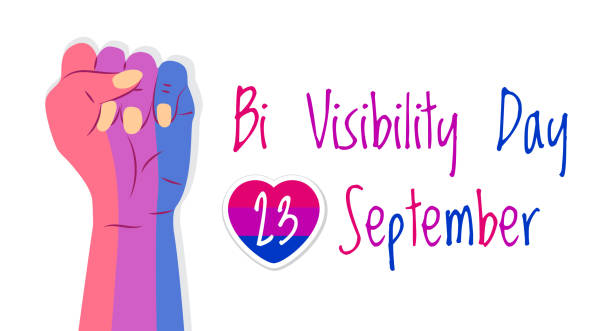 bisexualität tag konzept vektor. hand ist in bisexuellen stolz farben gemalt. herz mit rosa streifen und 23 september ist geschrieben. bi-sichtbarkeit tag illustration - bi sexual stock-grafiken, -clipart, -cartoons und -symbole