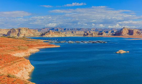 Panoramic view of Lake Powell Marinas at sunset, Wahweap Marina, Glen Canyon National Recreation.