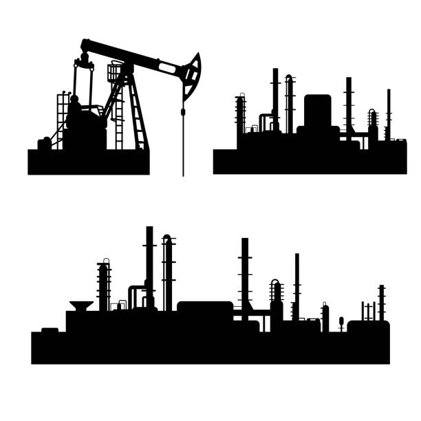 Collection of black and white oil and gas industry silhouettes. Vector isolated symbols of petroleum refinery, offshore sea or land oil drilling rig, naphtha pumpjack. Factory and environment Collection of black and white oil and gas industry silhouettes. Vector isolated symbols of petroleum refinery, offshore sea or land oil drilling rig, naphtha pumpjack. Factory and environment industry silhouettes stock illustrations