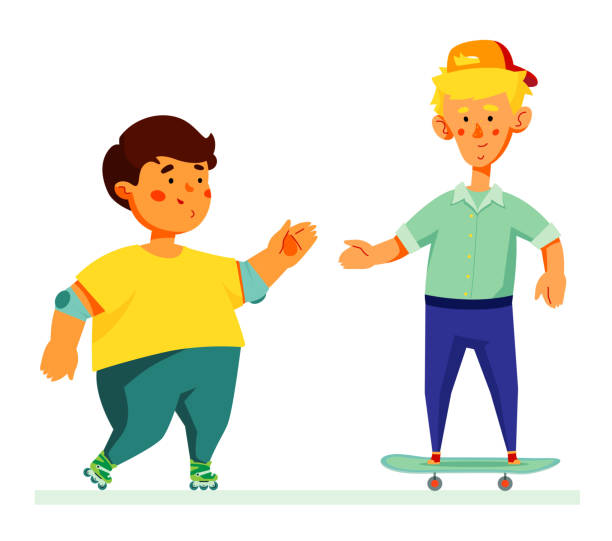 счастливые дети играют на открытом воздухе - плоский дизайн стиль иллюстрации - recreational pursuit schoolboy cartoon skate stock illustrations
