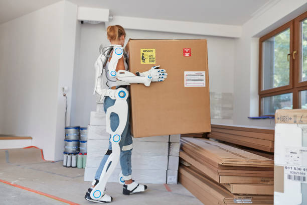 Professional female home mover in powered exoskeleton. Carrying heavy box Moving to new apartment. powered exoskeleton photos stock pictures, royalty-free photos & images