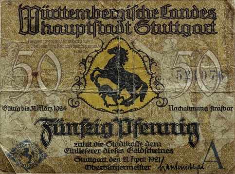 Vintage German 50 Pfennig Paper Money from Stuttgart issued in 1921