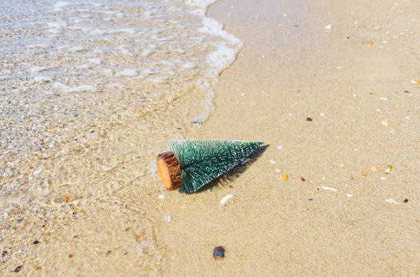 istock Miniature artificial christmas tree on the sandy beach. Xmas vacation on the beach, concept. 1272826852