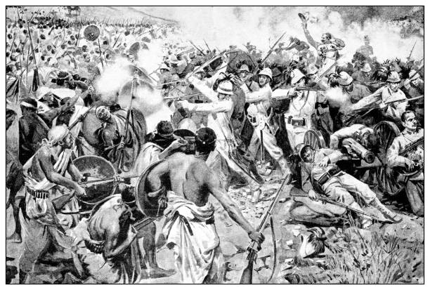 첫 번째 이톨로-에티오피아 전쟁의 골동품 그림 (1895-1896): 아두아 (애드와) 전투 - colony stock illustrations