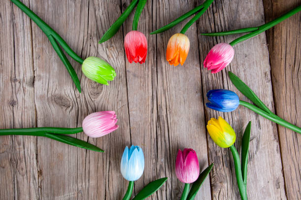 Wooden Dutch tulips figures are colorful