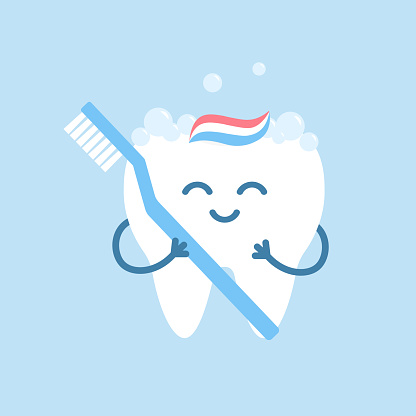 Happy cute cartoon tooth holding a toothbrush. Flat vector cartoon character illustration. Dentistry modern concept.