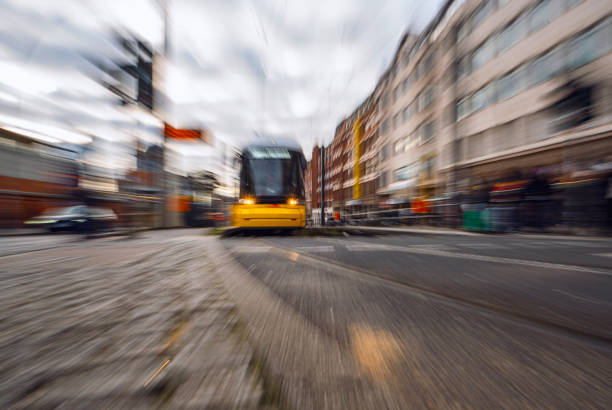Subway train passing near The Oberbaum Bridge on an overcast day in Berlin, Germany
