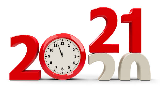 2020-2021 Clock dial 2020-2021 change with clock dial represents coming new year 2021, three-dimensional rendering, 3D illustration half past stock pictures, royalty-free photos & images