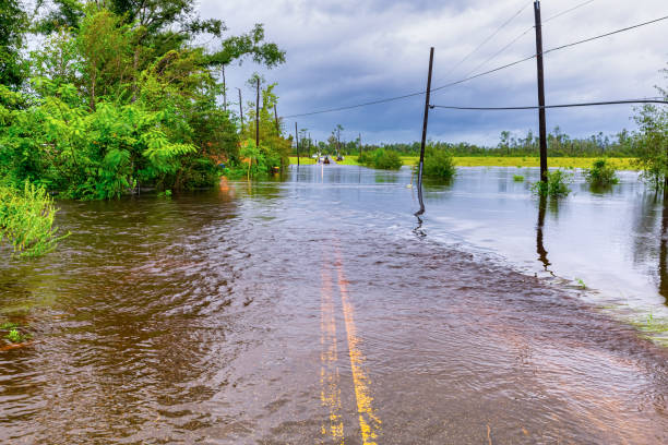 carretera de north bear creek inundada por la lluvia torrencial del huracán sally - flood hurricane road damaged fotografías e imágenes de stock