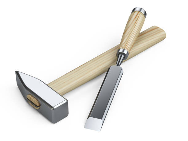 Hammer and chisel hand tool with wooden handles. 3d illustration isolated on a white background, high resolution render.