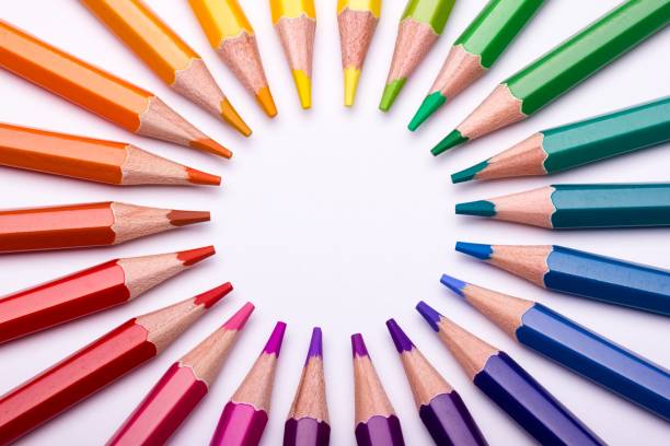 Circular arranged colour pencils constituting the colour wheel