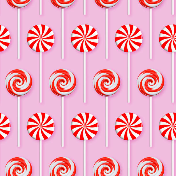 Seamless texture of red and white twisted lollipops on a pink background. 3D rendering.