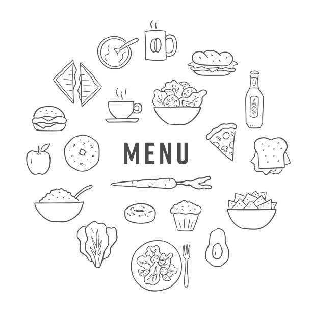 Hand drawn vector cafe lunch menu elements Modern vector artwork appropriate for a variety of uses in loose hand-drawn style. Vector artwork is easy to colorize, manipulate, and scales to any size. soup and sandwich stock illustrations