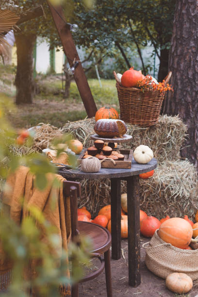 istock Seasonal table setting with pumpkin sweet cake and muffins 1272847076