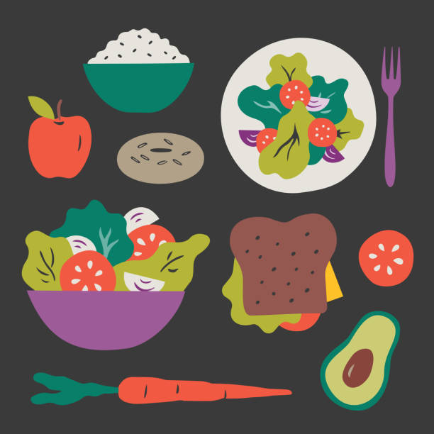 Illustration of healthy food choices — salad, lunch, fruit and vegetables, snacks Modern vector artwork appropriate for a variety of uses in loose hand-drawn style. Vector artwork is easy to colorize, manipulate, and scales to any size. lunch clipart stock illustrations