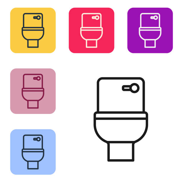 Black line Toilet bowl icon isolated on white background. Set icons in color square buttons. Vector Black line Toilet bowl icon isolated on white background. Set icons in color square buttons. Vector. flushing toilet stock illustrations