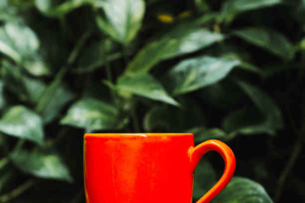 Lush lava colored coffee cup in green natural background. with space for text.