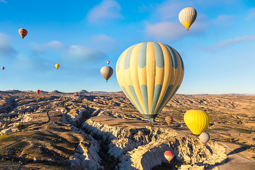 Hot air Balloons flight in Cappadocia, Nevsehir, Turkey in a beautiful summer day