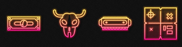 set linie harmonika, stapel papier geld bargeld, buffalo schädel und schatz karte. glühende neon-symbol. vektor - texas blues stock-grafiken, -clipart, -cartoons und -symbole