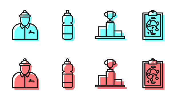 Set line Hockey over sports winner podium, Hockey coach, Fitness shaker and Planning strategy icon. Vector Set line Hockey over sports winner podium, Hockey coach, Fitness shaker and Planning strategy icon. Vector laboratory shaker stock illustrations