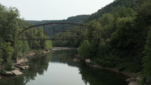 Static and vertical pan Drone view of Jenkinsburg Bridge over Cheat River