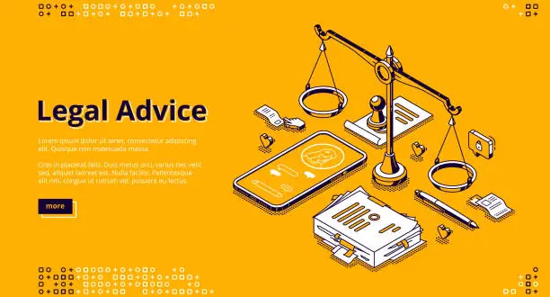 Vector illustration of Legal advice isometric landing, lawyer assistance