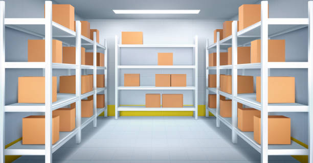 ilustrações de stock, clip art, desenhos animados e ícones de cold room in warehouse with with boxes racks - supermercado 3d