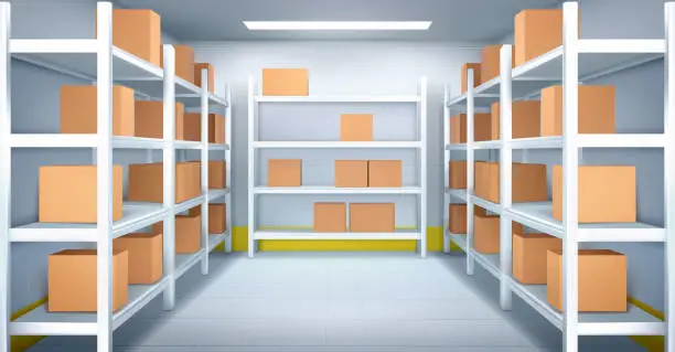 Vector illustration of Cold room in warehouse with with boxes racks