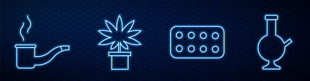 Set line Pills in blister pack, Smoking pipe, Marijuana or cannabis plant in pot and Glass bong for smoking marijuana. Glowing neon icon on brick wall. Vector Set line Pills in blister pack, Smoking pipe, Marijuana or cannabis plant in pot and Glass bong for smoking marijuana. Glowing neon icon on brick wall. Vector weeding stock illustrations