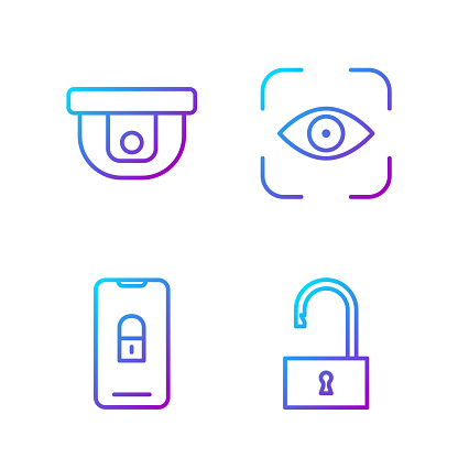 Set line Open padlock, Mobile with closed padlock, Motion sensor and Eye scan. Gradient color icons. Vector