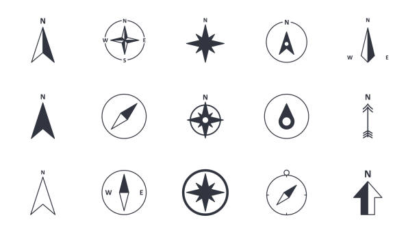 vektor-kompass-symbole. nordwesten im westen und osten. wind rose symbol, nordpfeil. schwarz-weiß-symbole. bearbeitbarer strich - guidance stock-grafiken, -clipart, -cartoons und -symbole