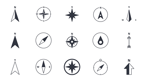 Vector compass icons. North south west and east. Wind rose icon, north arrow. Black and white symbols. Editable stroke.