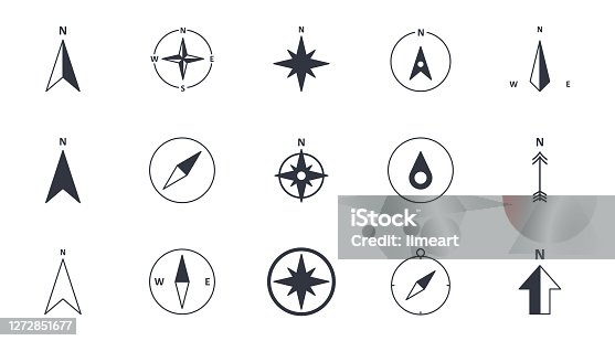 istock Vector compass icons. North south west and east. Wind rose icon, north arrow. Black and white symbols. Editable stroke 1272851677